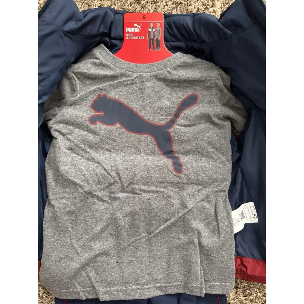 NWT Puma Kids 3pcs Set Puffer Vest Long Sleeve Shirt & Joggers Red Navy Size 6 - Picture 3 of 4